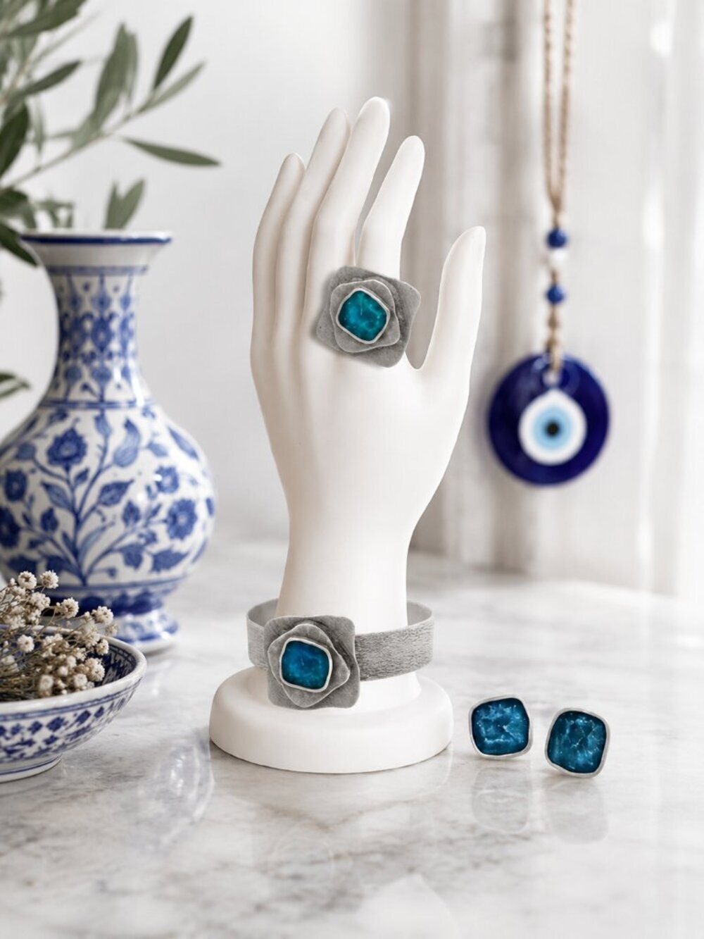 Turkish Handmade Zamak Jewelry Set Ring Cuff Earrings Teal Blue Boho Statement